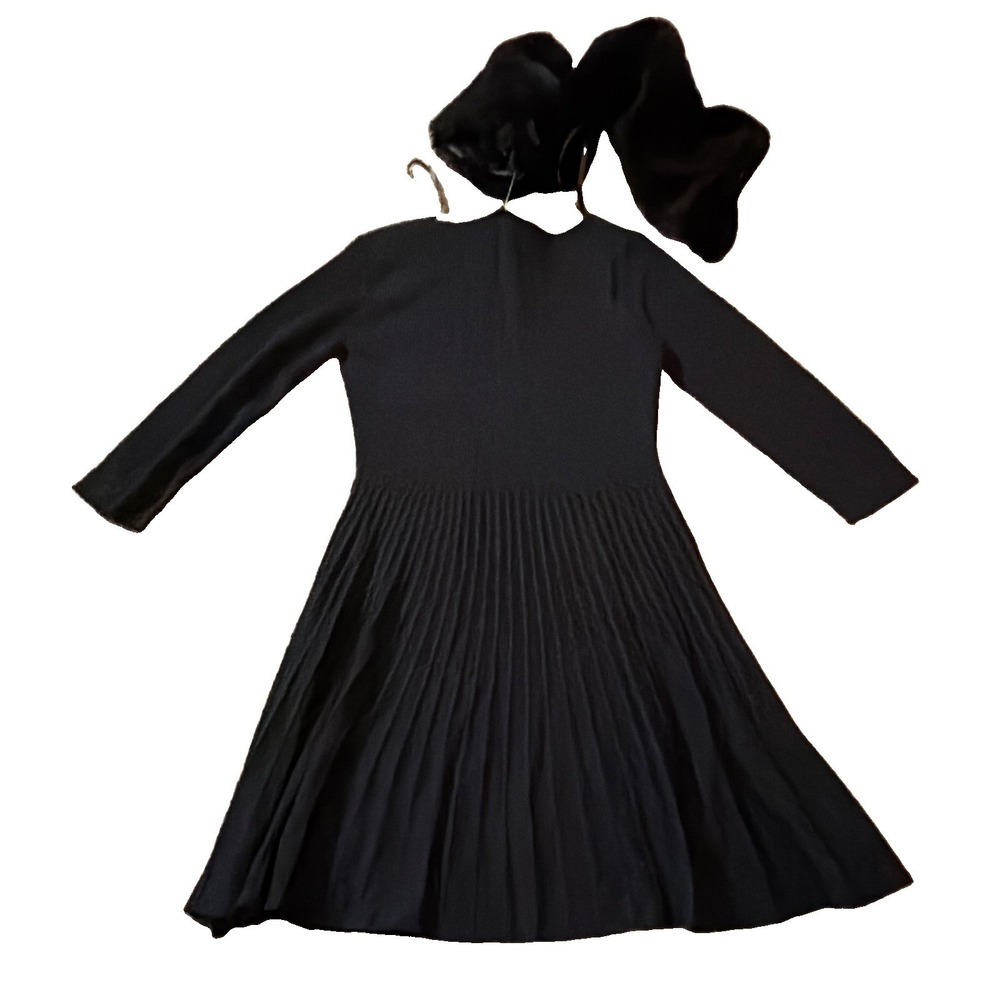 BCX Black Pleated A-Line Dress Womens M Solid Knee Length 3/4 Sleeve Fur Scarf - Picture 5 of 6